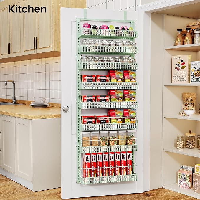 SNTD 8 Tiers Over the Door Organizer - Height Adjustable Pantry Organizers and Storage with Dense Mesh Baskets, Anti-Swing Hanging Door Spice Rack for Kitchen Bathroom (Green, 17" W x 6" D x 69" H)