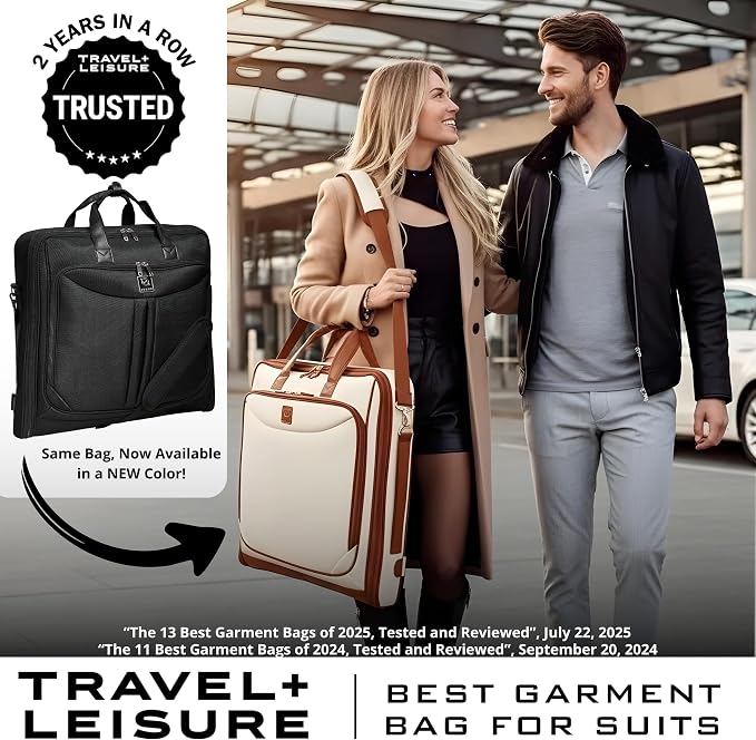 ZEGUR Premium Garment Bag Carry On for Women - Hangs Blazers, Pantsuits & More - Travel Bag with Shoulder Strap and Laptop Compartment (Beige with Saddle Brown Leather)