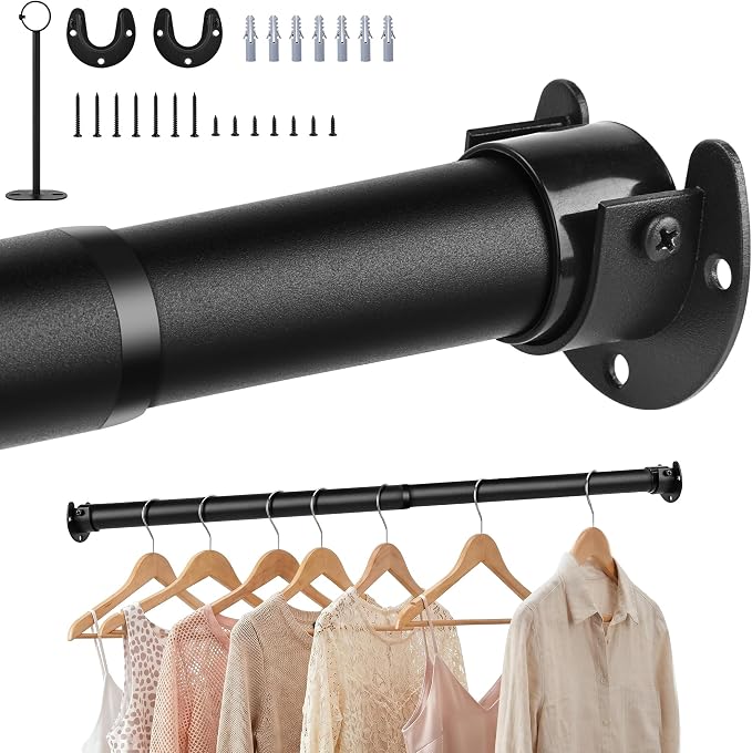 Adjustable Closet Rod for Hanging Clothes, 17-69inch Heavy Duty Metal tension clothes rod，1.3Inches Closet Pole with Hardware Kit for Closet Organization Laundry Room RV, Black