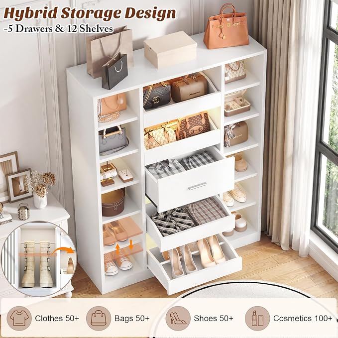 Besiost 40" Closet System with LED Lights, Wooden Closet Organizer System with Drawers & Shelves, Versatile Closet Storage Tower for Walk-in Closets, Shoe Rack and Handbag Storage Cabinet, White