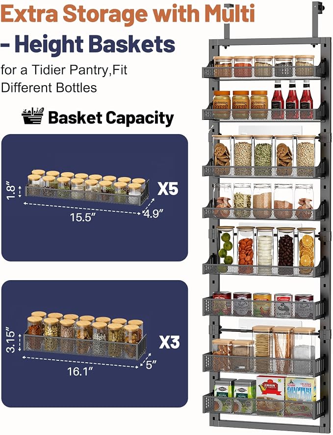 8 Tier Pantry Door Organizer, 2 IN 1 Over the Door Pantry Organizer with Metal Adjustable Baskets,Spice Rack Wall Mount or Door Organizer, Door Spice Rack for Pantry