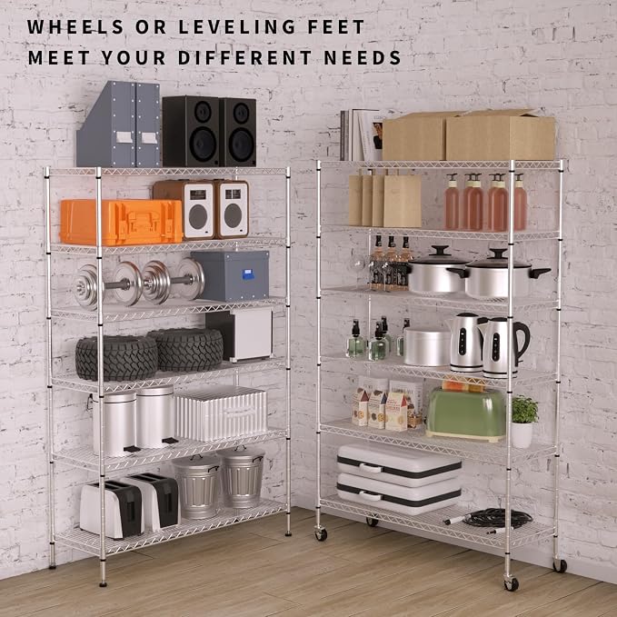 Heavy Duty 6 Tier Shelving Unit Adjustable 6000Lbs Capacity Steel Storage Rack 18" x 48 x 76 Mobile Shelves Wire Shelf Silver Rolling Utility Cart for Pantry Garage Kitchen, Chrome