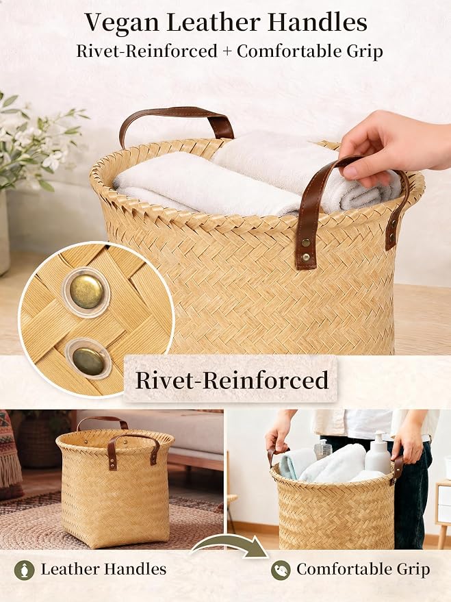 Hand Woven Baskets for Storage, 4Pcs Water-Resistant Wicker Baskets, Yellow Wicker Storage Baskets for Shelves, Large Basket with Handle for Organizing, Closet, Laundry, Blanket - Round
