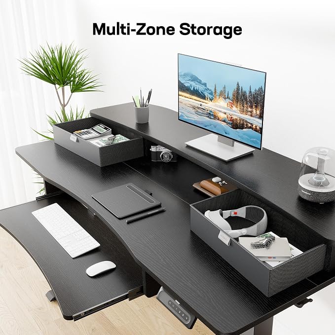 HUANUO 55" x 26" Electric Standing Desk with 2 Drawers & 26.7" Large Keyboard Tray, C-Clamp Mount Compatible, Adjustable Computer Desk for Home Office, Stand Up Desk with 4 Height Presets, Black
