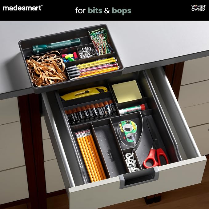 madesmart Original Junk Drawer Organizer® with Sliding Top Tray, 13 Compartments, Multi-Purpose Storage for Kitchen, Office & Bathroom Drawers, Carbon