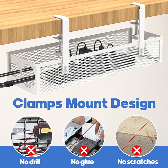 Under Desk Cable Management Tray No Drill 15.1’’, Metal Mesh Cable Management Box with Hybrid Side Slots & Reinforced Basket,Adjustable Cable Tray with Wire Management for Office Home,1 Pack (White)