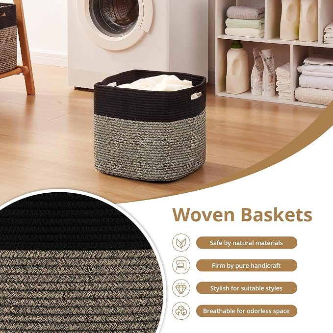 OIAHOMY 13 Inch Cube Storage Bins, 3-Pack Cotton Rope Woven Baskets for Organizing, Insert Storage Baskets for Shelves, Baby Nursery, Closet Organizer, 13 * 13 * 12.6IN, Black & Mixed Brown