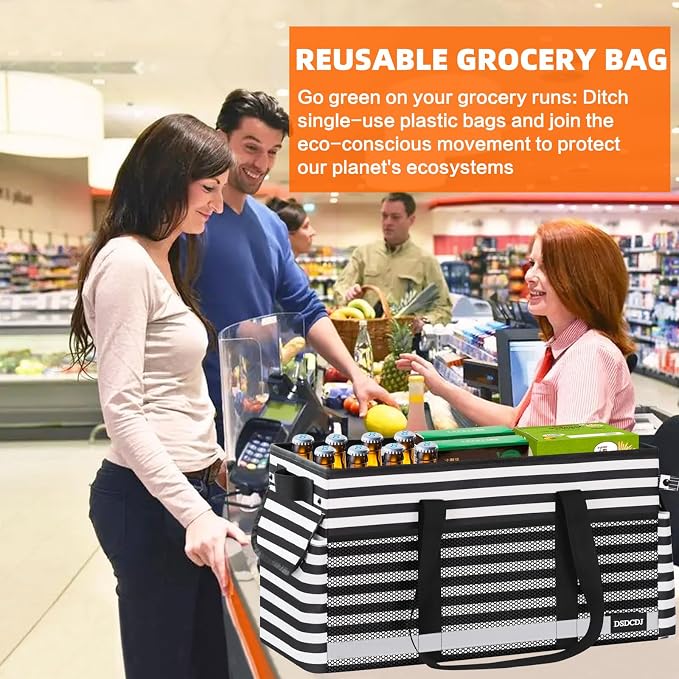 Extra Large Utility Tote Bag with Reflective Strip, Standing Reusable Grocery Bags with Hard Bottom, Collapsible Utility Tote with Handles for Shopping, Beach, Picnics, Car, Striped Black