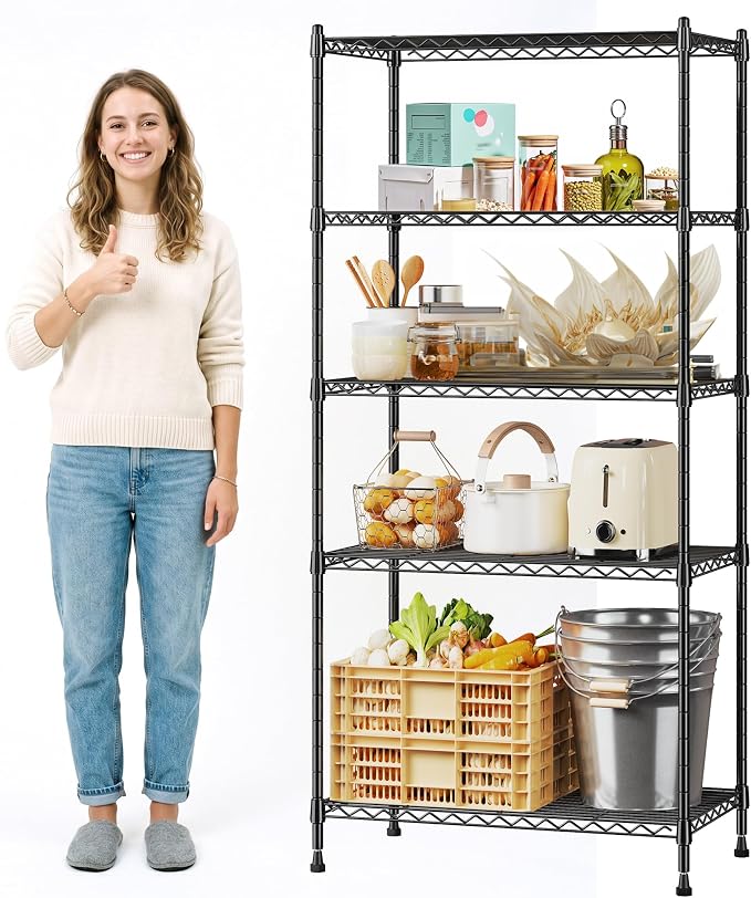 Romorgniz 5-Tier Shelf 1010LBS Storage Shelves Adjustable Wire Shelving,Tool-Free Assembly,Metal Shelving Unit for Kitchen Pantry Closet Laundry Bathroom 59" Hx21.7 Wx13.8 D