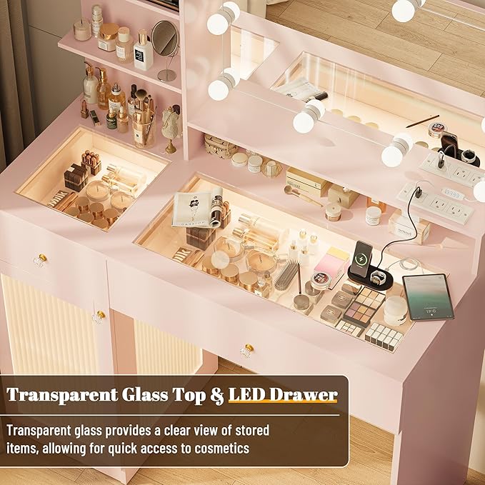 INNOD 40" Vanity Desk with Large Mirror and Lights, Modern Glass Top Makeup Vanity Set with Power Outlet,Pink