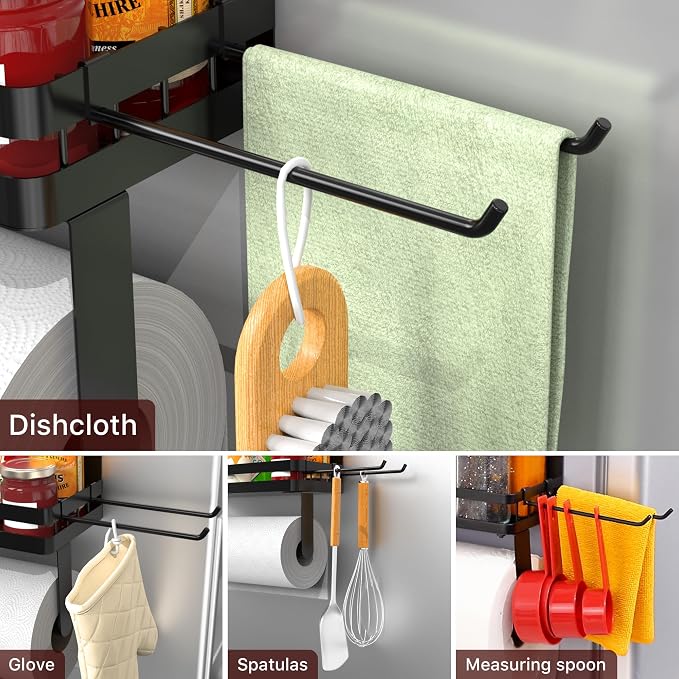 ZUNTO Magnetic Paper Towel Holder for Fridge, Strong Magnet, No Drill | Black Kitchen Organizer with Spice Shelf and 2 Removable Long Hooks for Hanging