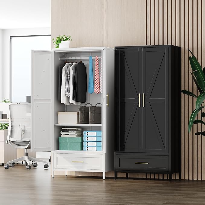METAN Metal Wardrobe Closet with Doors,Armoire Wardrobe Closet with 1 Drawer for Bedroom,Assembly Required,Black