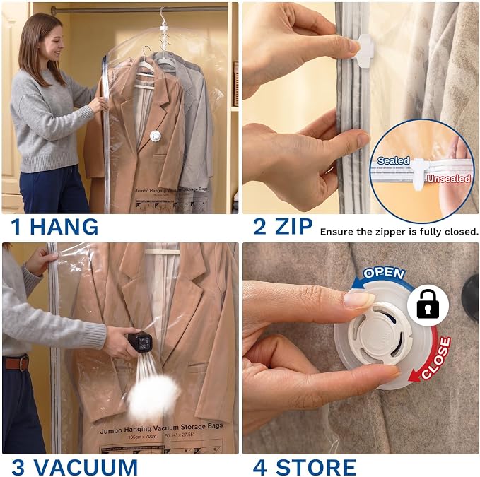 Hanging Vacuum Storage Bags For Clothes with Electric Pump, 4 Pack Large Hanging Space Saver Bags, Vacuum Sealed for Clothing Travel Suits Dress Jackets for Moving Supplies(4 Long)