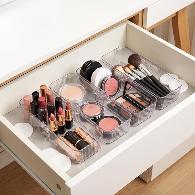 4-Piece Expandable Drawer Organizer Bins | Clear Plastic Adjustable Storage Trays Set for Kitchen Drawers, cutlery silverware,Refrigerator, Cabinet & Pantry