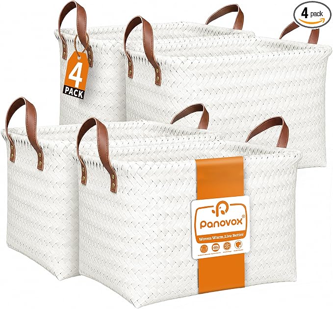 Hand Woven Baskets for Storage, 4Pcs Water-Resistant Wicker Baskets, White Wicker Storage Baskets for Shelves, Large Basket with Handle for Organizing, Clothes, Laundry, Blanket - Rectangular