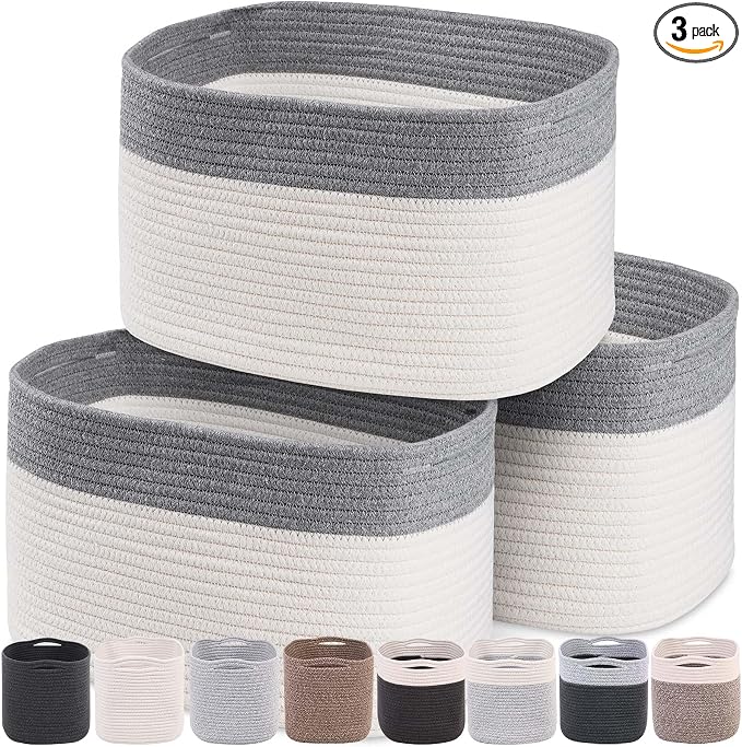 CHAT BLANC Cotton Rope Baskets for Organizing, Shelves, Toys, Storage, Shoe, Bathroom, Laundry, Towel, Nursery, Home Decor, Blanket, Cloth Woven Bins Fabric (Dark Gray & Creamy White7, 15"x10"x9")
