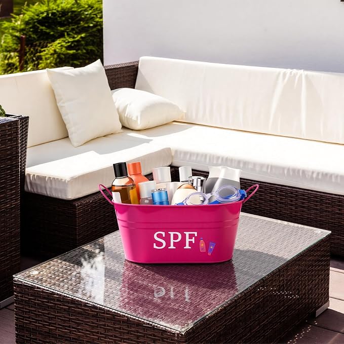 Blulu SPF Storage Bucket Metal Poolside Basket Above Ground Pool Bin Summer Basket Outdoor Storage for Sunscreen Goggles Flip Flop Spf Swimming Camping Beach Accessories Decor(Pink)