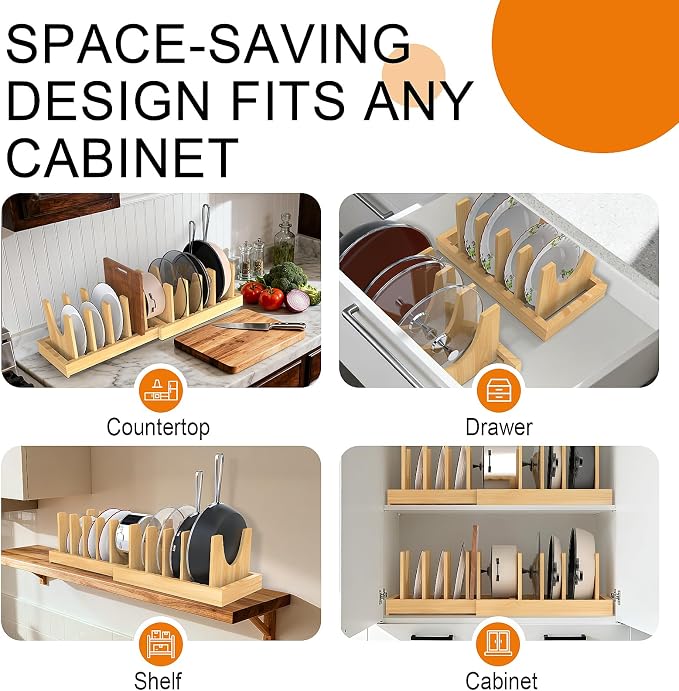 Bamboo Pot and Pan Organizer, Expandable Pot Lid Cutting Board Organizer | Pot and Lid Organizers Inside Cabinet, Adjustable Cutting Board Holder With Non-Slip Base for Kitchen Storage