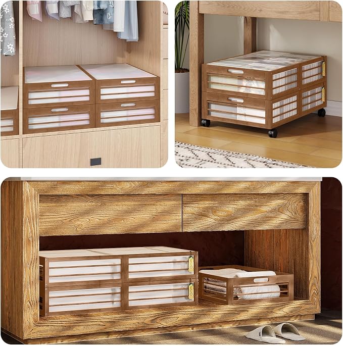 Underbed Storage with Wheels, 2 Pack Bamboo Containers for Shoes & Clothes | Dustproof bags protect contents. Stackable frames save space. 360° wheels provide smooth access to clothes, bedding and toys