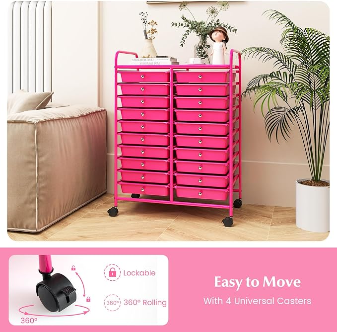 LDAILY 20-Drawer Rolling Storage Cart, Rolling Storage Cart, Storage Organizer on Wheels, Metal Frame, Scrapbook Paper Tools, Suitable for Office School, Classroom (Hot Pink, 20 Drawer)