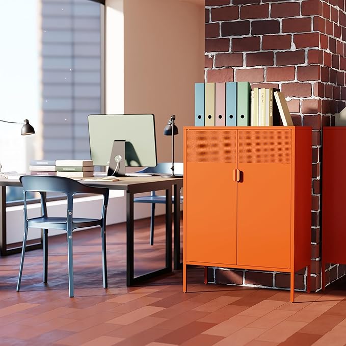 Washsemba 2 Mesh Door Metal Cabinet with Adjustable Shelves, Multipurpose Orange Storage Cabinet, 3-Tier,Metal Storage Cabinet for Office Home,Hallway(Orange, 47''H)