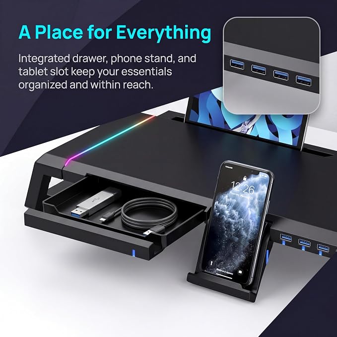 Monitor Stand Riser for Desk, Foldable Computer Monitor & Laptop Stand with Drawer, 4 USB 2.0 Ports, RGB Lighting, Phone & Tablet Holder, 72 lb Capacity (Black)