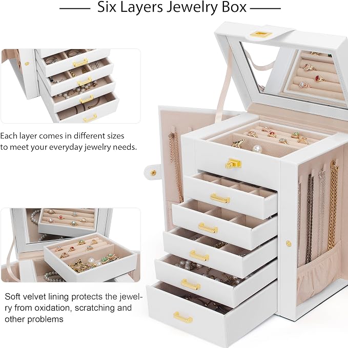 AKOZLIN 6-Tier Jewelry Box Organizer Functional 5 Drawers Leather Jewelry Storage Case for Women Girls Ring Necklace Earring Bracelet Holder Organizer with Mirror White Regular