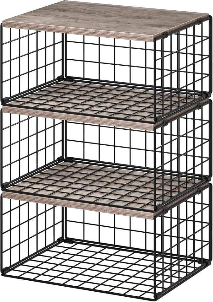 CHOEZON 3-Tier Stackable Closet Organizers and Storage, Closet Shelves Storage Bin Baskets with Wooden Upper Surface, Clothes Storage Cubes for Wardrobe and Closet Organization, Greige and Black