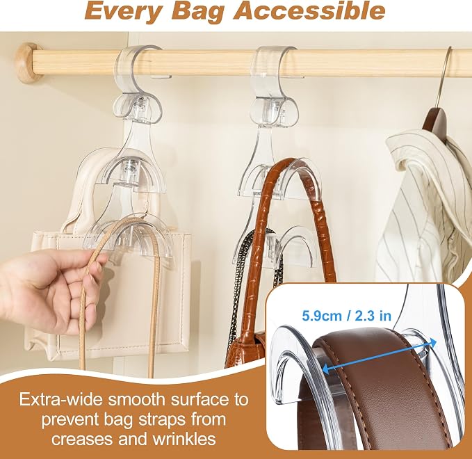 Clear Purse Hanger for Closet, 2 Pack Wardrobe Rod Vertical Hanging Handbag Organizer with 4 Holders, Keeps Bags Non-Crushed and Neatly Stored, Smooth Purse Storage Hooks, Easy Access