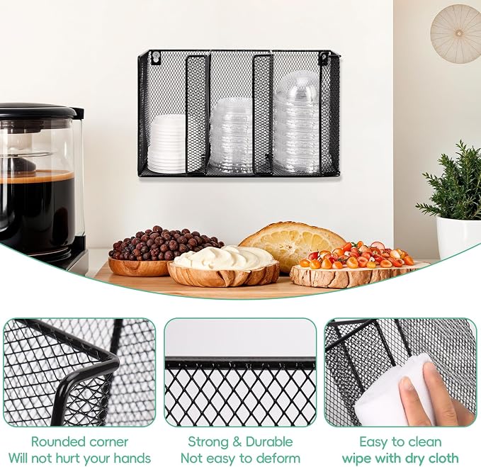Wall Mount Coffee Cup Lid Holder Organizer 3 Compartments Coffee Cup Lid Dispenser Black Metal Mesh Disposable Cup and Lid Storage for 8-24 Oz Capacity Cup Lid Kitchen Restaurant Coffee Bar Office