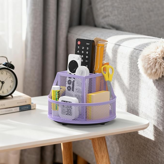 Docnest 360°Rotating Mesh Desk Organizer,6-Compartment Pen Holder,Purple | Heavy-duty metal holder with removable divider. Space-saving stationery storage for pencils, scissors & markers
