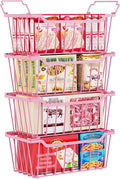 SUNALLY Freezer Organizer Bins, 4 Pack Stackable Chest Freezer Organizer for 5-7 Cu.FT Deep Freezer Sort Frozen Meats and Food, Freezer Storage Baskets with Handles Easy Reach from Bottom, Pink