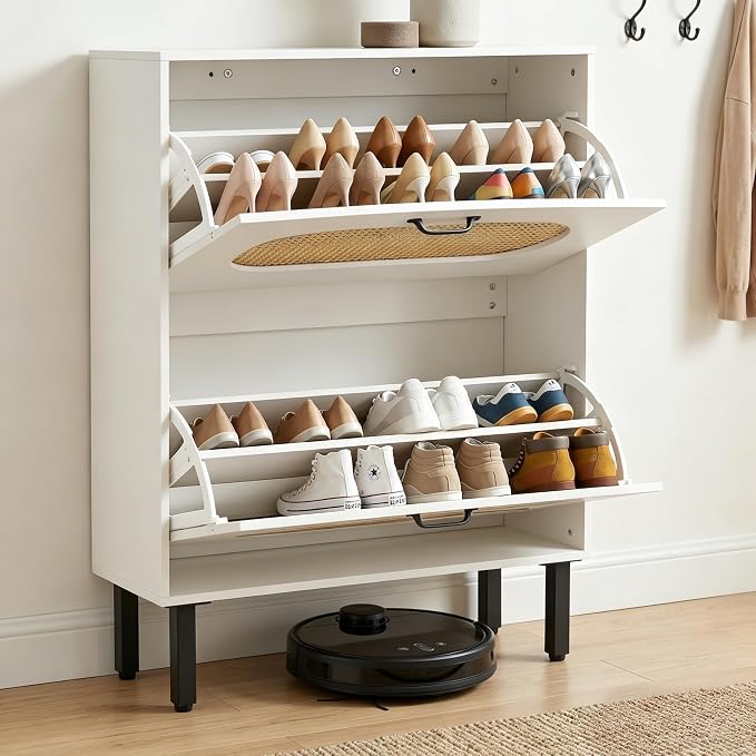 SUNCROWN 2 Flip Drawers Shoe Storage Cabinet, Freestanding Narrow Entryway Organizer, Natural Semi-Circular Rattan Doors, Adjustable Shelves & Anti-Tip Kit, White