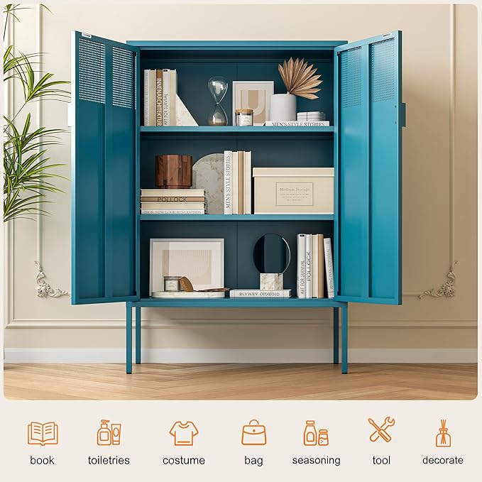 Ustamio Blue Metal Storage Cabinet - 3 Tier Steel Office Storage Cabinet with Doors and Shelves for Home, Office and Kitchen