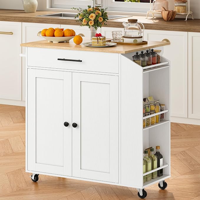 HOOBRO Kitchen Island with Drop Leaf, Rolling Kitchen Island Cart on Wheels | Kitchen Island on Wheels with Drawer & Spice Rack, Island Table with Adjustable Shelves, Kitchen Storage Cart wtih Towel Rack