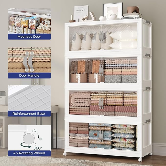 60GAL Plastic Storage Bins with Lid, 240QT Extra Large Stackable Closet Organizers and Storage, Collapsible Storage Boxes with Wheels, Folding Cabinet for Home Kitchen Office, 4Pack White