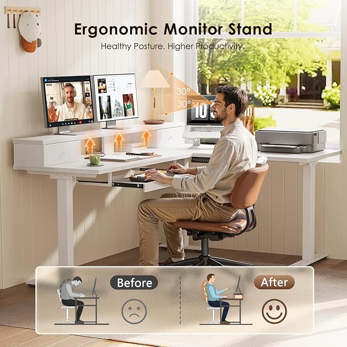OffiGo 59 Inch L Shaped Electric Standing Desk with Drawers, White | Monitor Stand, Keyboard Tray, Fabric Drawer, Power Outlets, Height Adjustable Corner Stand Up Desk for Organized Home Office