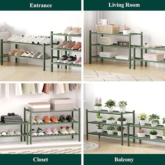 Smiry Bamboo Shoe Rack for Closet, 4 Tier Wooden Shoe Organizer, Stackable Wood Shoe Storage Shelf for Entryway, 14 Vertical Slats, 2+2 Stack Heavy-Duty Legs, 26.77"x11.02"x25.98", Green