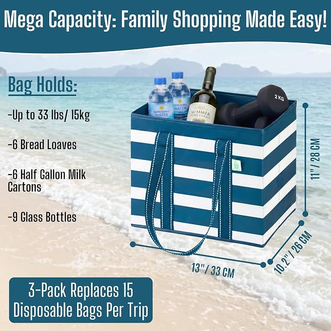 VENO 3 Pack Reusable Grocery Bags, Shopping Bags for groceries, Utility Tote with Handles and Hard Bottom, Foldable Shopping Cart Organizer, Heavy-Duty (Classic Navy, 6 Gallon-3 Pack)