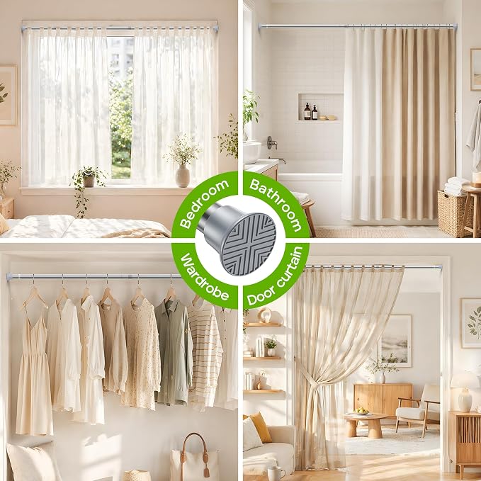 Silver Shower Curtain Rod 32 to 76 Inches Adjustable, 7/8 Inch Diameter Heavy Duty Tension Curtain Rods No Drill, Rust-Resistant Tension Rod for Bathroom, 1 Pack