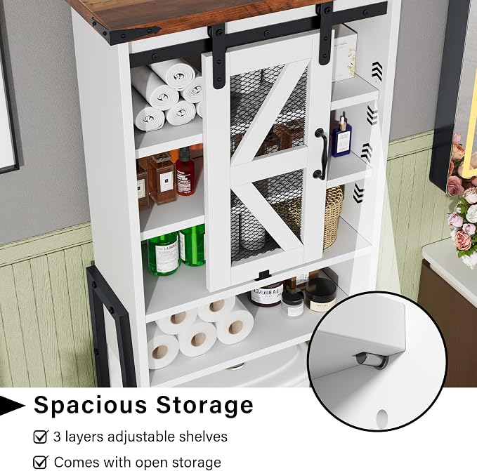 kepptory Over The Toilet Storage Cabinet, Above Toilet Storage Cabinet with Adjustable Shelves and Barn Door, Farmhouse Behind Toilet Bathroom Organizer for Bathroom, Laundry Room, Off-White
