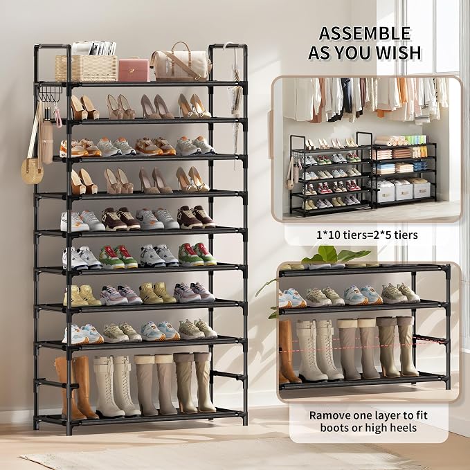 Shoe Rack, 10 Tier Shoe Storage Organizer with Hooks,Fit 40-45 Pairs Shoes,Nonwoven Fabric Tall Shoe Shelf for Closet,Entryway, Hallway,Garage,Bedroom,Cloakroom