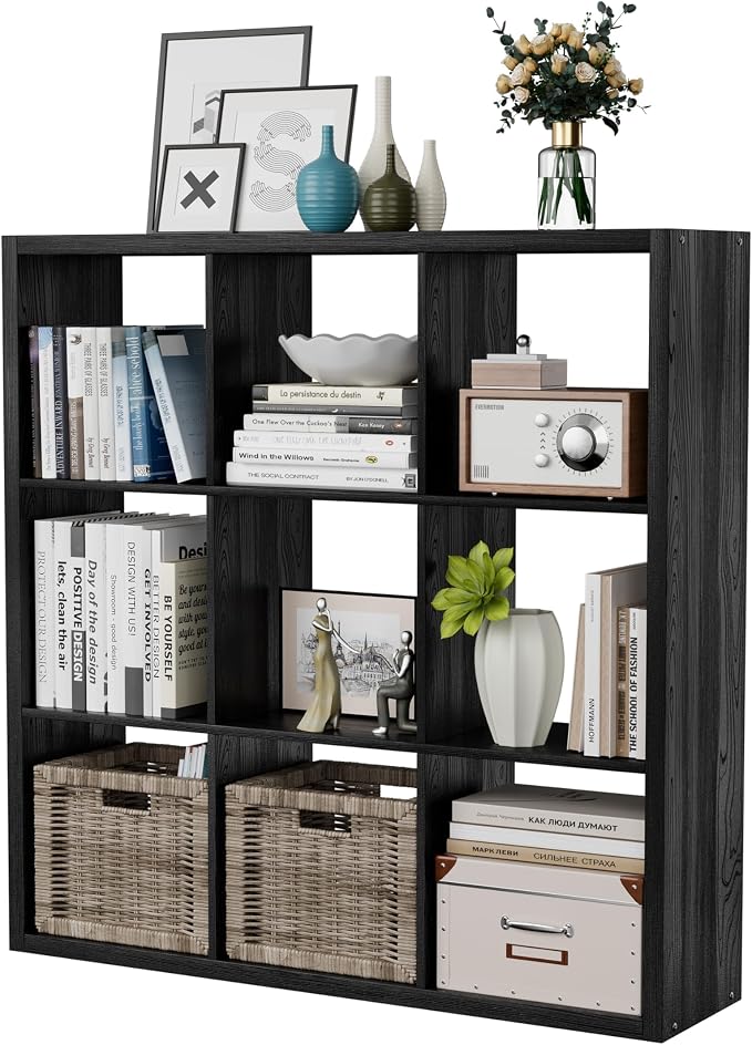 9 Cube Storage Organizer, Wooden Cube Shelf Bookcase with Reinforced Thick Shelves, Heavy-Duty 36.93" L x 9.37" W x 36.93" H, for Living Room Bedroom Home Office, Black