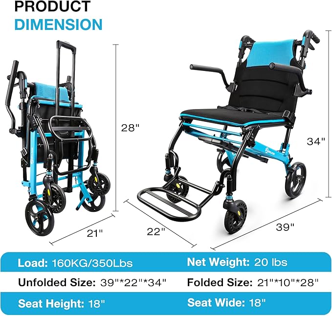 Wheelchairs for Adults Transport Chair Lightweight Foldable with Telescopic Handle, 18-Inch Seat Width Portable Folding Travel Wheel Chairs for Seniors