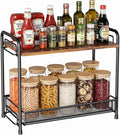 Spice Rack Organizer for Countertop with Wood Top, 2-Tier Foldable Metal Rust-Proof Standing Large Seasoning Storage Shelf with Guardrail & Mesh Design for Kitchen Cabinet Living Room, Black