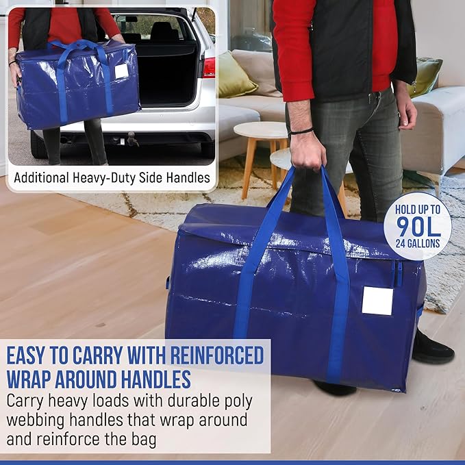 Heavy Duty Moving Bags 6 Pack, 90L Extra Large Storage Bags with Zipper & Handles, Waterproof Moving Box Alternative, Reusable Storage Bins for Clothes, Bedding, Dorm & Moving Supplies