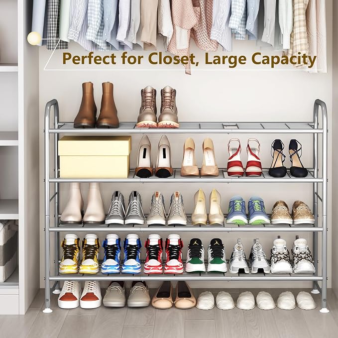 LINZINAR 4 Tier Long Shoe Rack for Closet Metal Shoe Organizer for Entryway | Spacious design stores 25+ pairs of shoes,durable metal frame,space-saving organizer for closet, hallway, and Entryway Grey