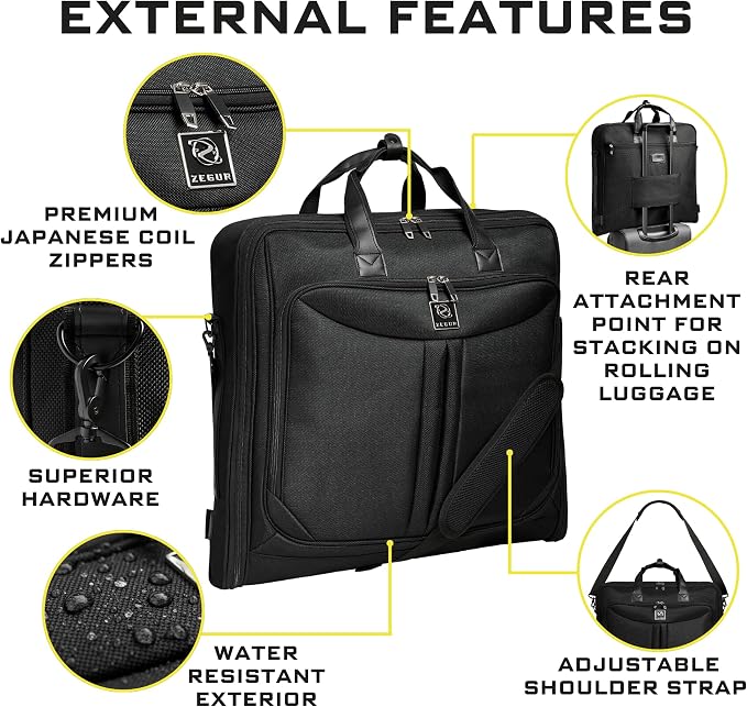 ZEGUR Premium Suit Garment Bag Carry On - Hangs 4 Suits - Travel & Business with Shoulder Strap and Laptop Compartment