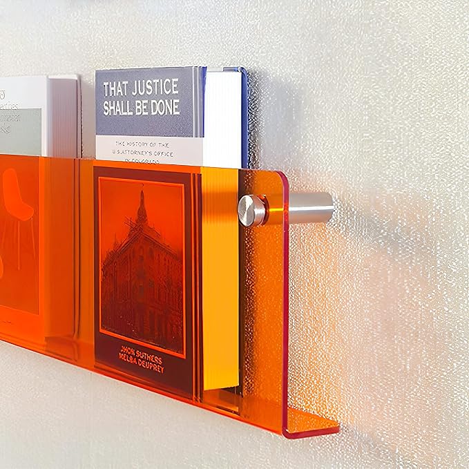 ROYALITA 2-Pack Acrylic Magazine Holder Brochure Holder, Orange 17 Inch | Record Magazine Rack, Fashion Floating Bookshelf, Literature Storage Rack for Waiting Room, Living Room, Office
