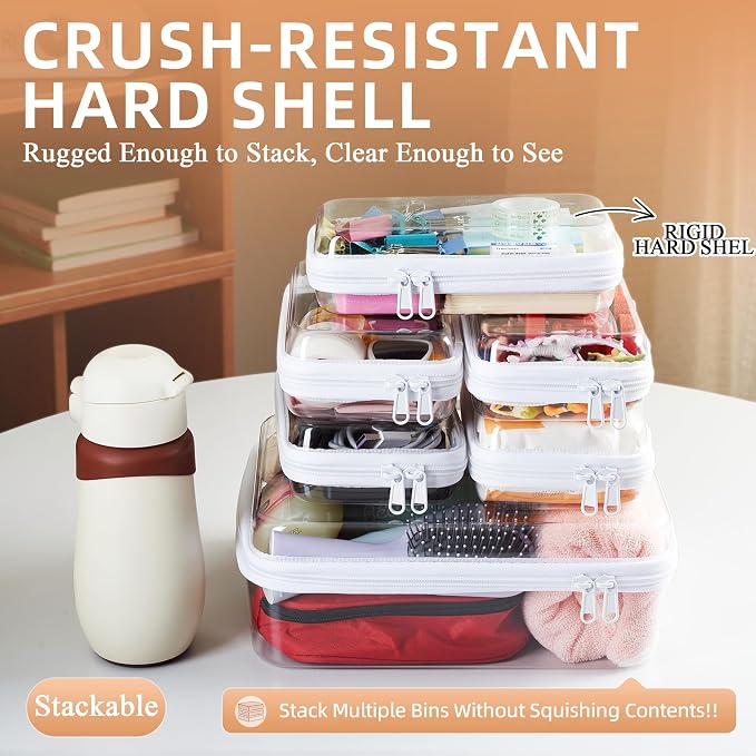 6 pcs Zipper Pouches, Hard Shell Toiletry Bag, Stackable Travel Organizer, Cosmetic Bags, Transparent Diaper Bag, Storage Cases (Tall M + 5S)